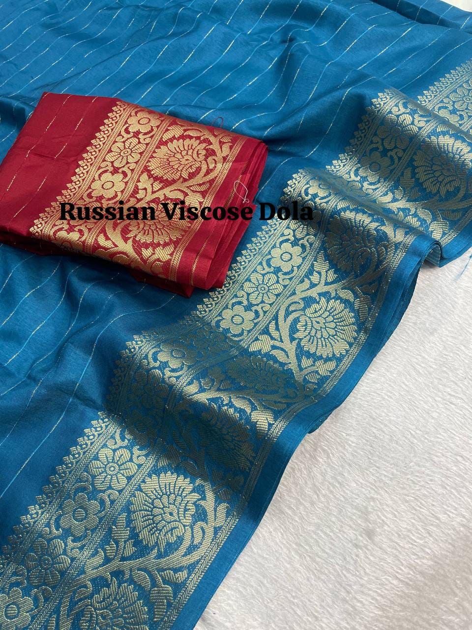 Pure Blue Viscose Russian Dola Saree With Pallu And Jacquard Border