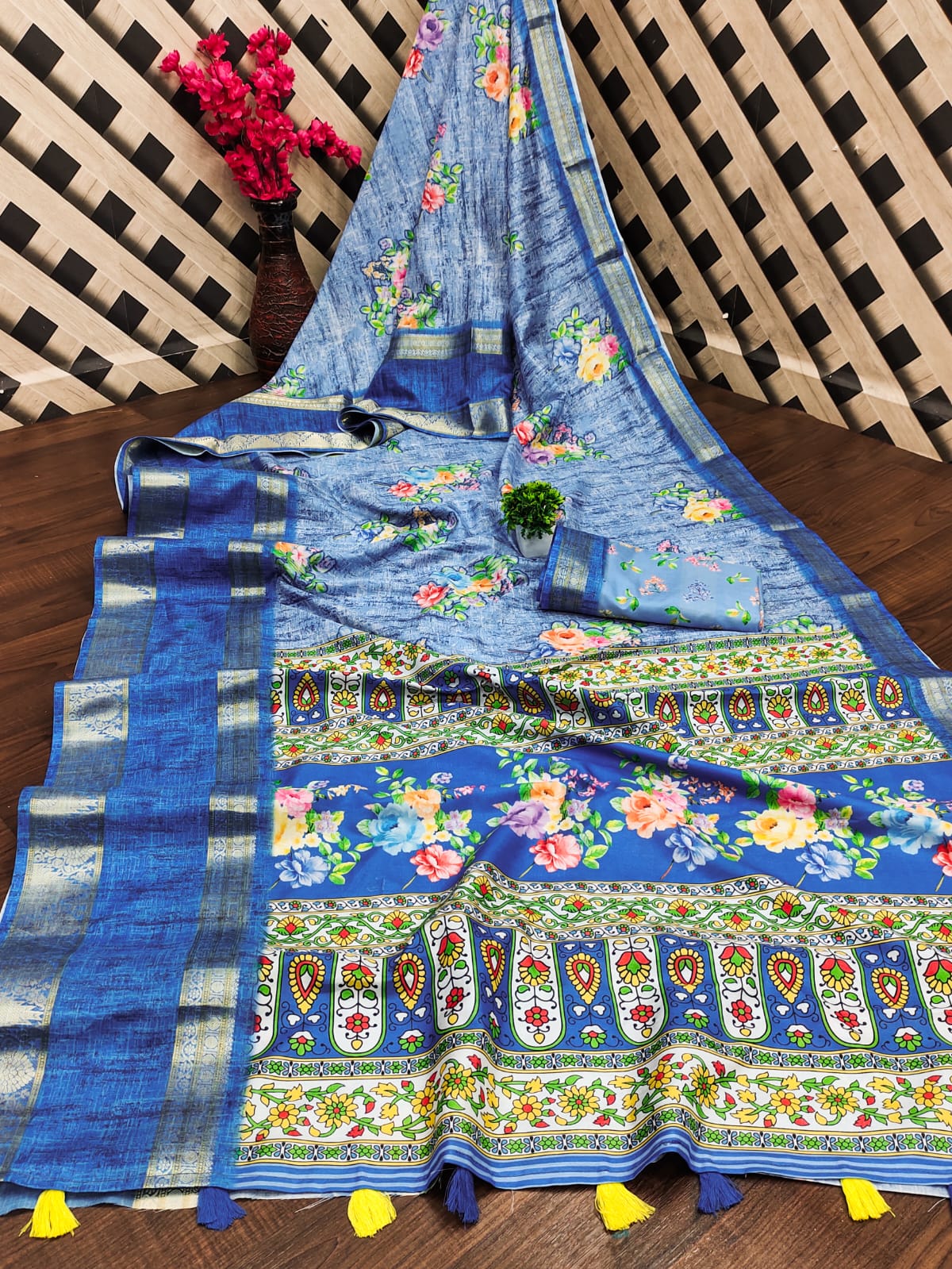 Blue Color Pure Soft Fabric Silk With Jacquard Border With Digital Print Beautiful Flowers With Dusty Shades