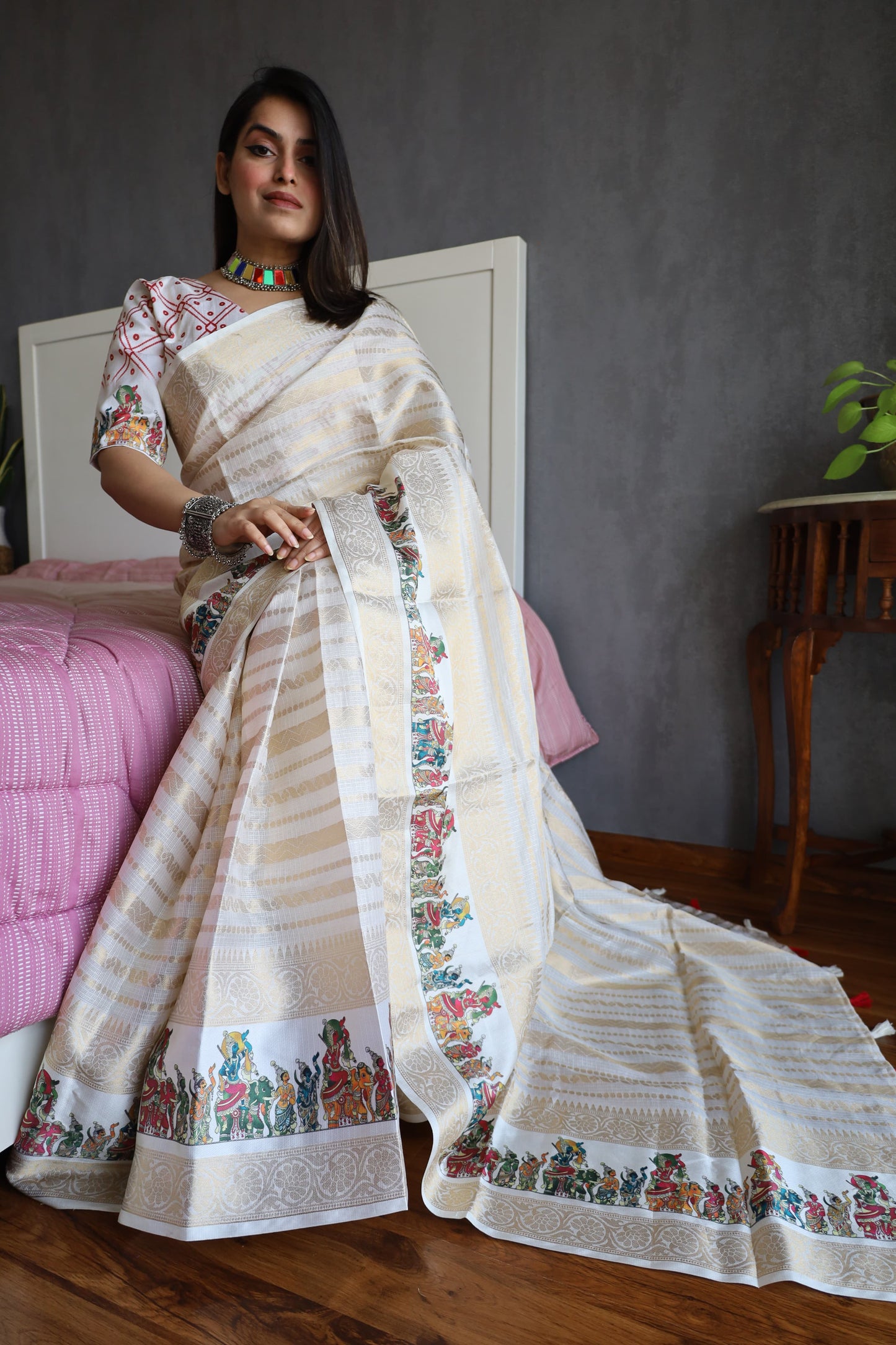 White Color Anupama Kota Doriya Digital Printed Saree