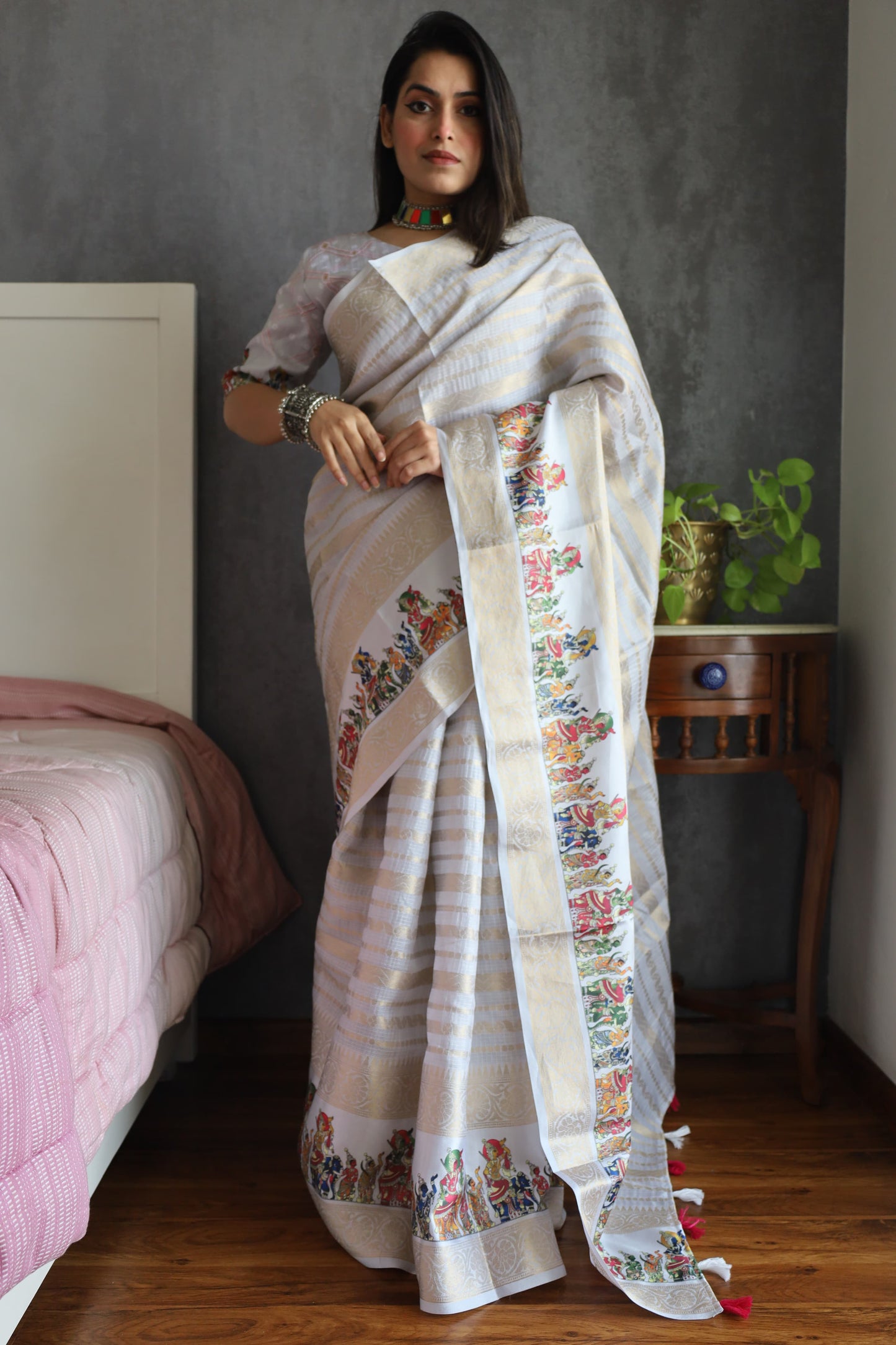 White Color Anupama Kota Doriya Digital Printed Saree