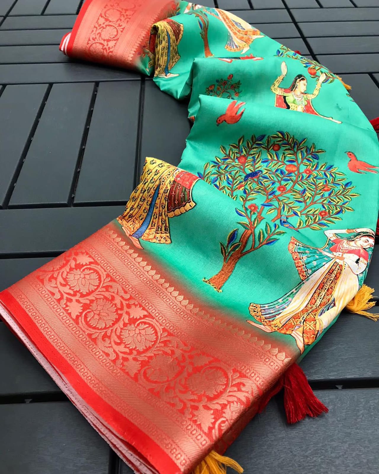 Sky Blue Dola Silk Printed Saree With Jaqcard Border