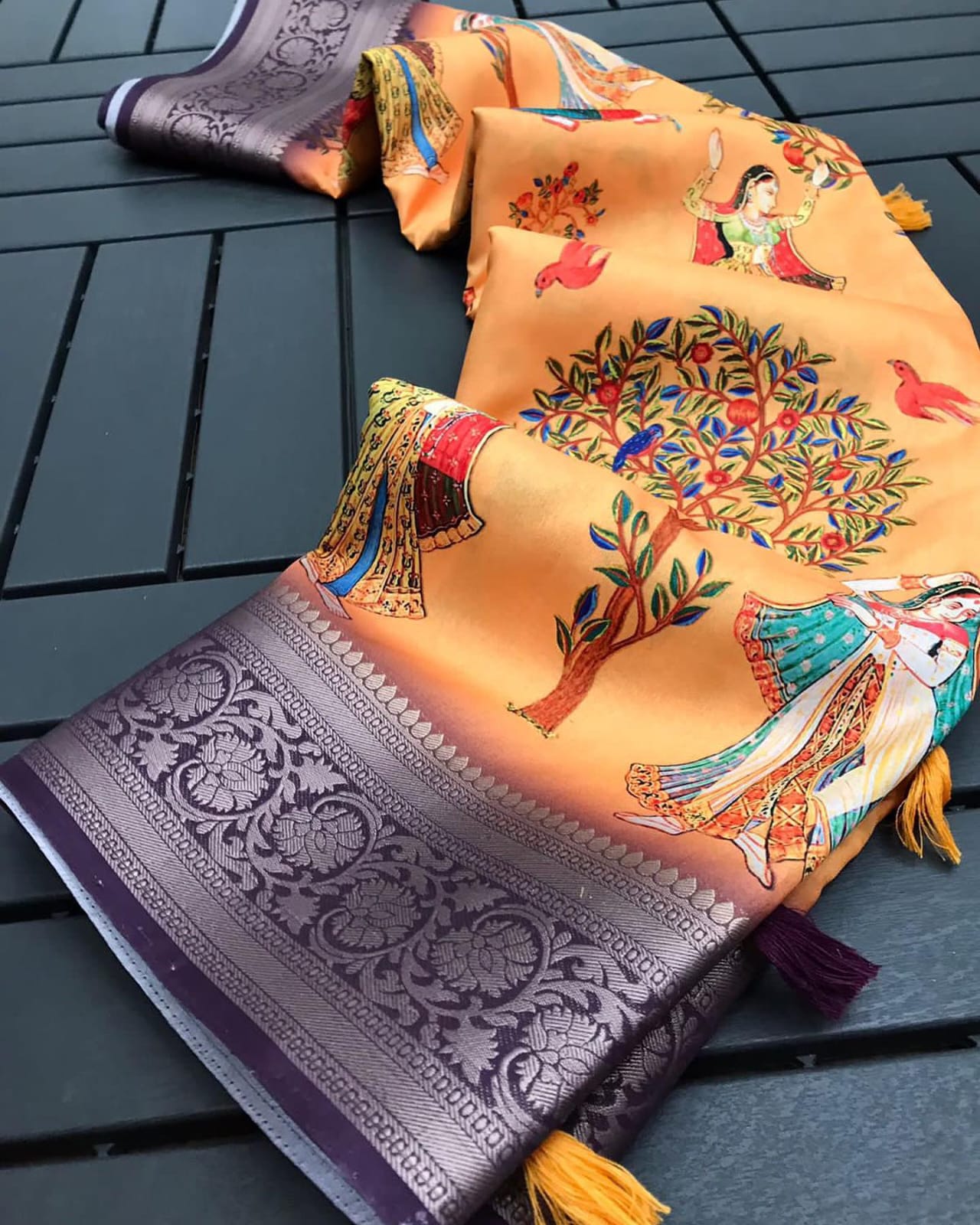 Orange Silk Printed Saree With Jaqcard Border