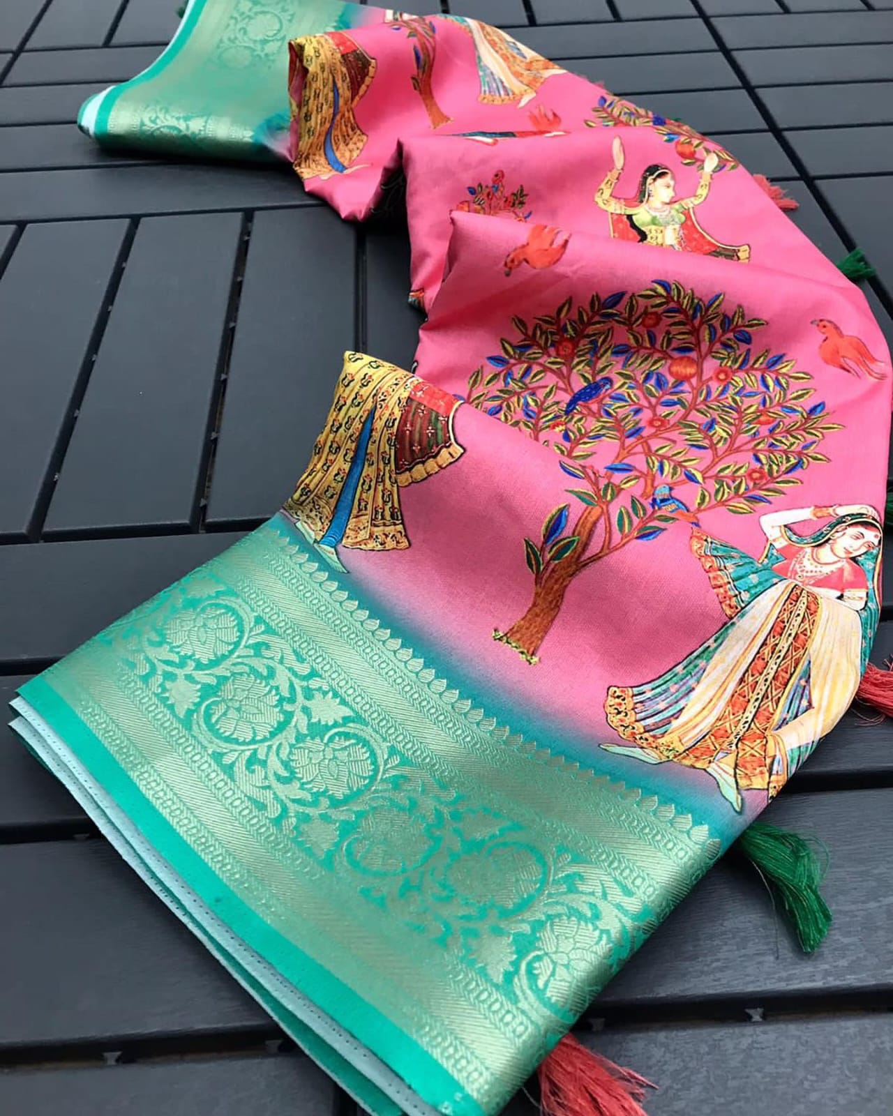 Pink Silk Printed Saree With Jaqcard Border