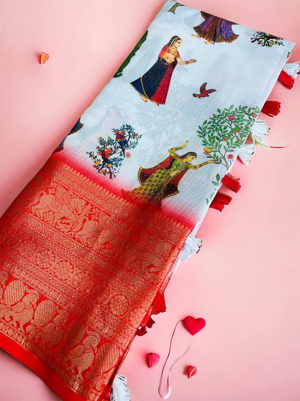Red And White Color Kota Doriya Digital Print Saree