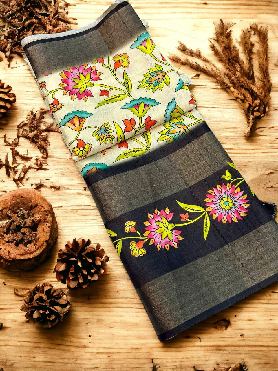 Black Color Tusser Silk Digital Print Saree