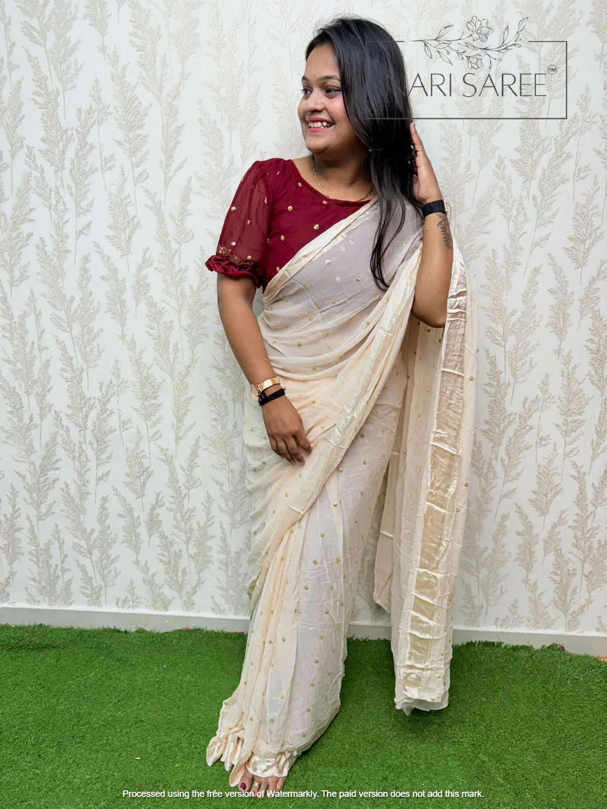 Suhani - (Zari Charm) Elegant Beige Saree with Golden Butti Work
