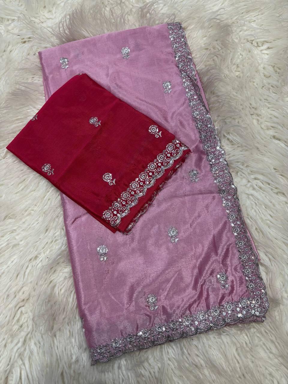 Ziva Pastel Pink Shine Embroidered Saree