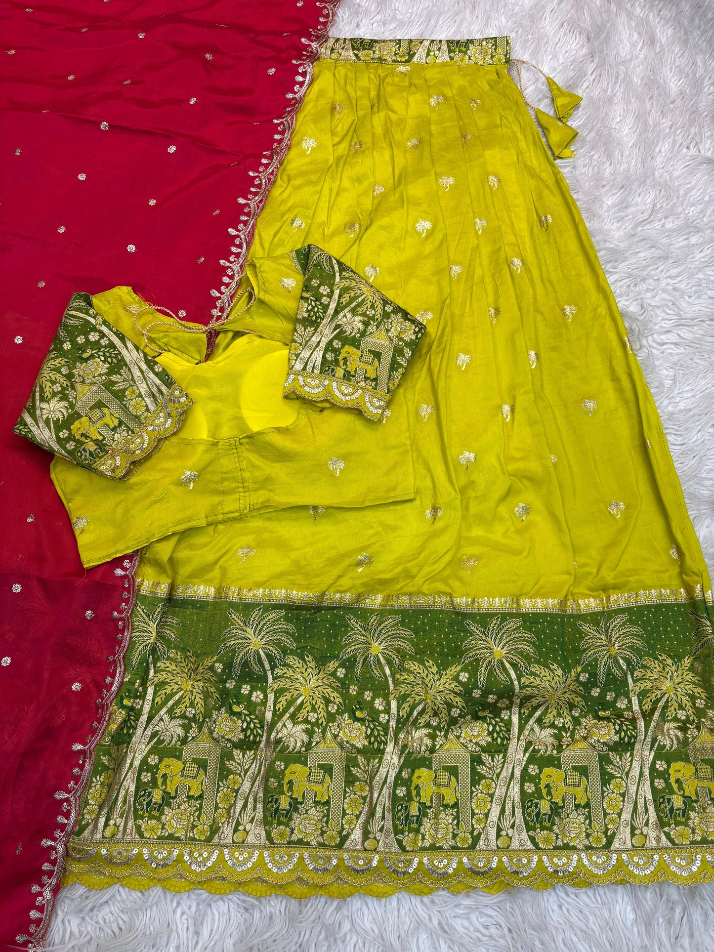 Elephant Parade Zari Weave Lime Green Red Lehenga