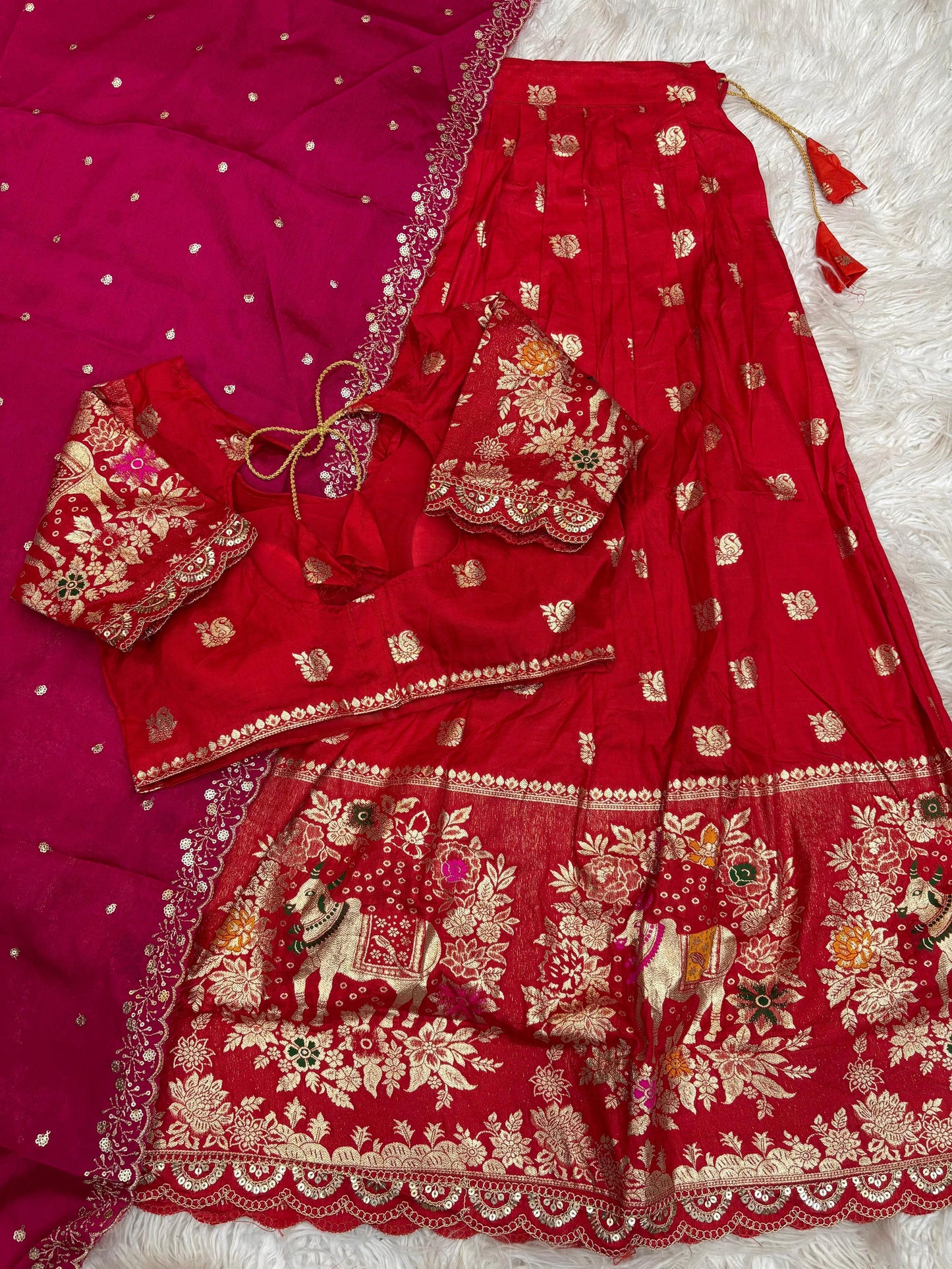 Divya Cow Motif Zari Weave Lehenga-Red and Rani