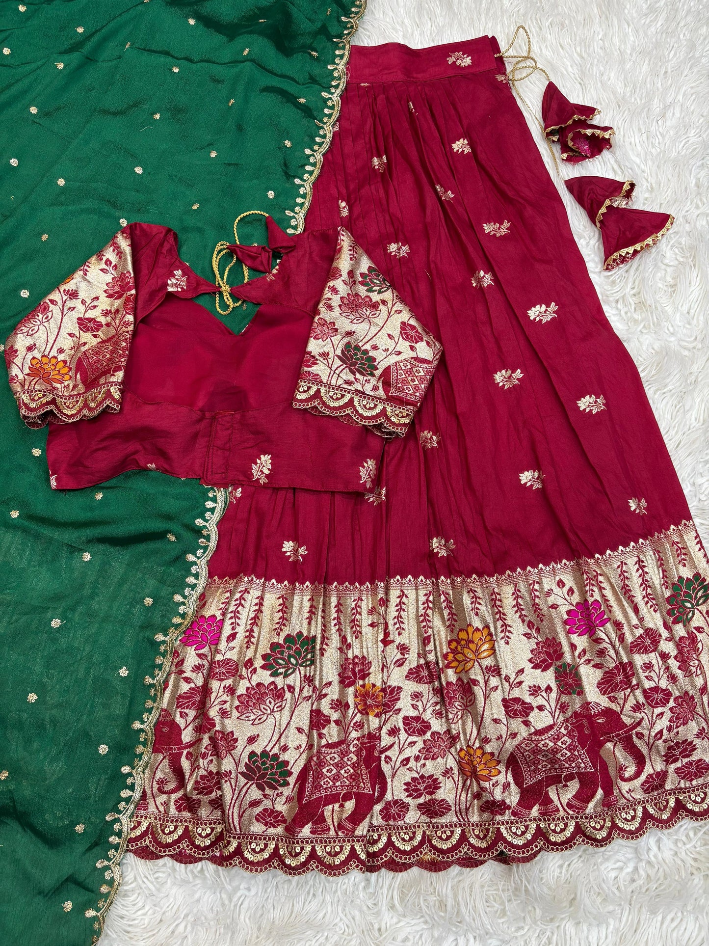 Rajkumari Elephant Parade Lehenga-Reddish Maroon Green