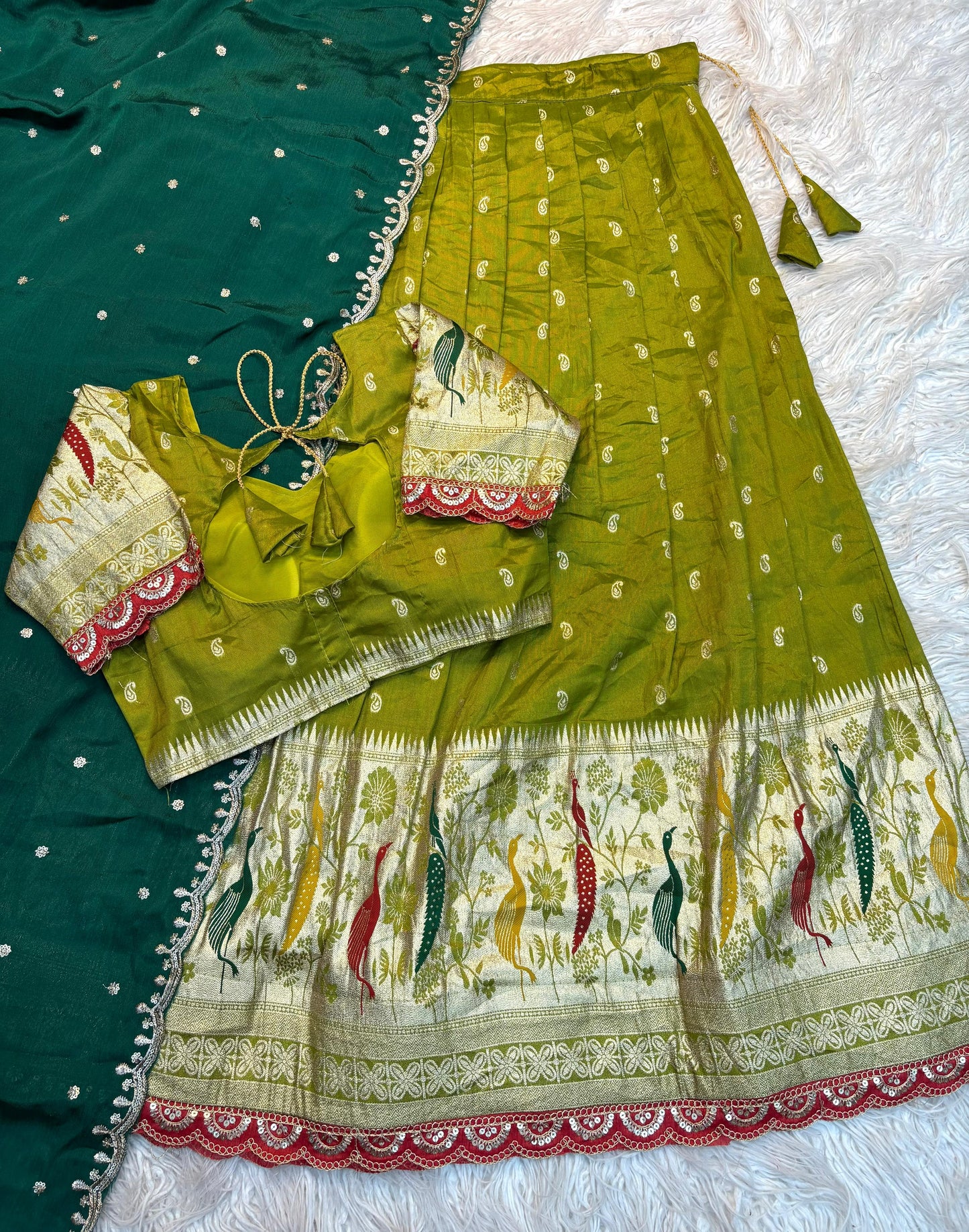 Morbagh Parrot Green-Dark Green Zari Lehenga