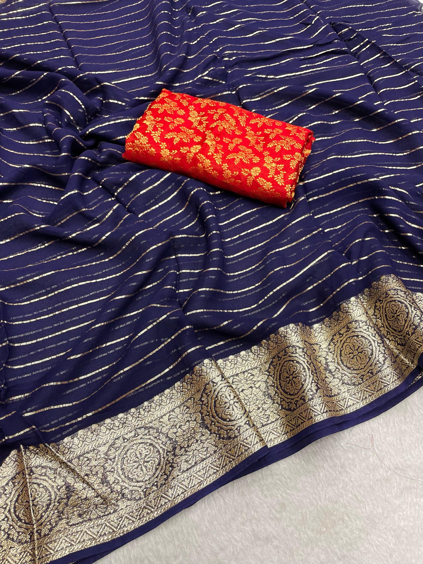 Violet Color Viscose Georgette Fabric With Running Linning Weaving With Jacquard Border All Over