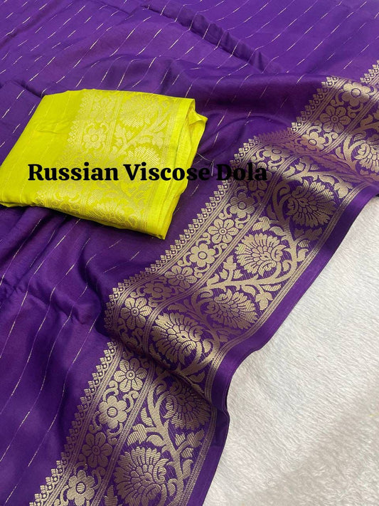 Pure Purple Viscose Russian Dola Saree With Pallu And Jacquard Border