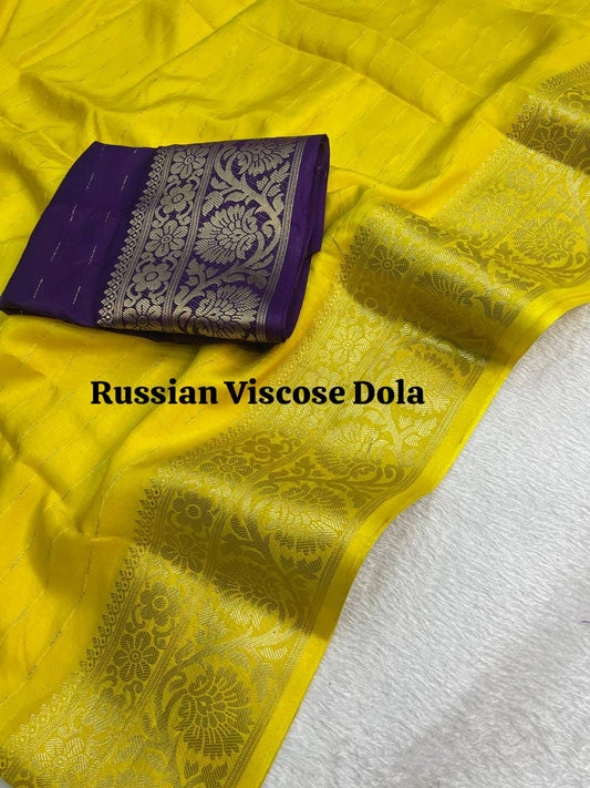 Pure Yellow Viscose Russian Dola Saree With Pallu And Jacquard Border