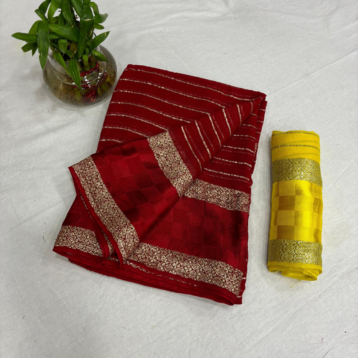 Red Color Pure Viscose Georgette With Self Satin Chex Jacquard Border With Stripes Linning All Over In Body