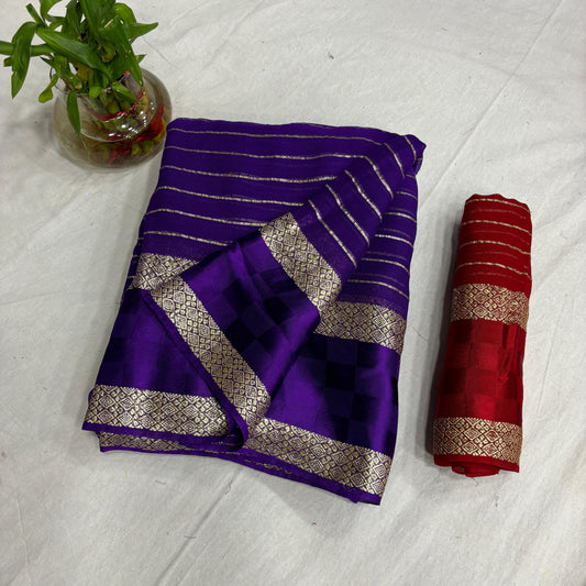 Purple Color Pure Viscose Georgette With Self Satin Chex Jacquard Border With Stripes Linning All Over In Body