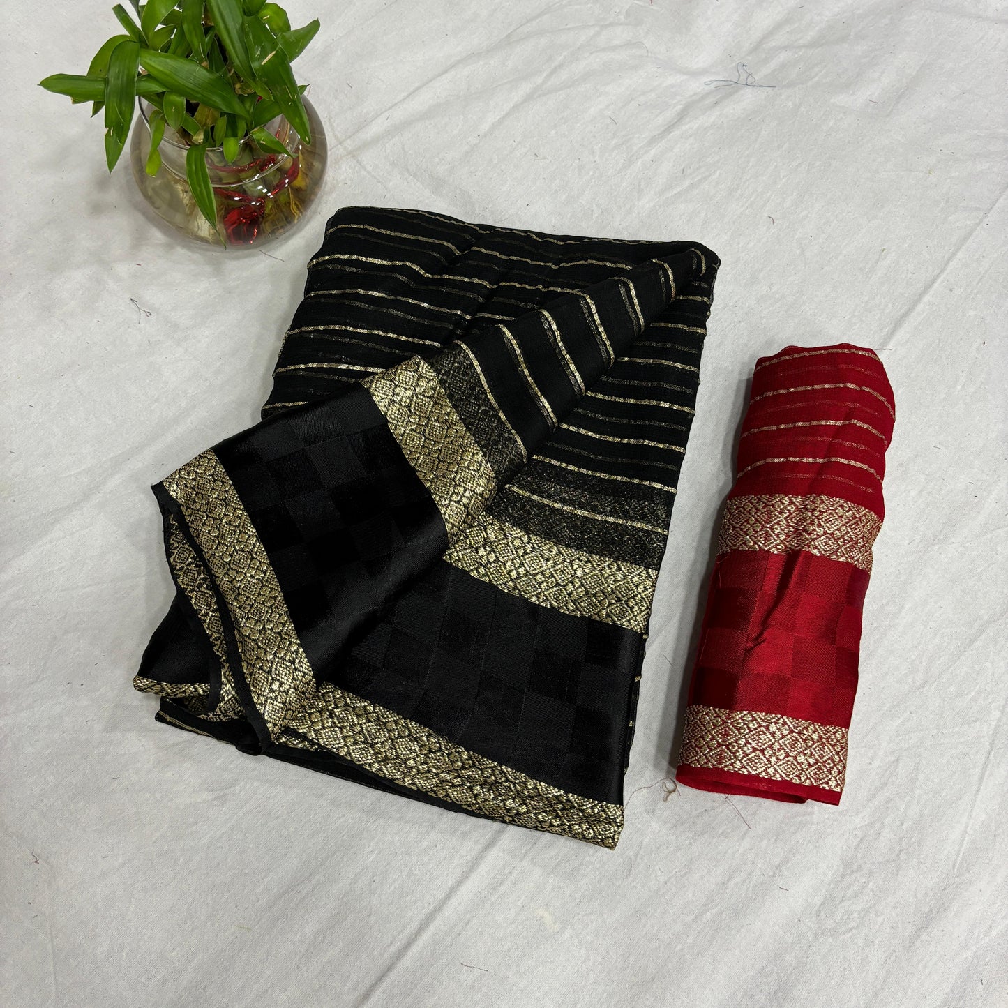 Black Color Pure Viscose Georgette With Self Satin Chex Jacquard Border With Stripes Linning All Over In Body