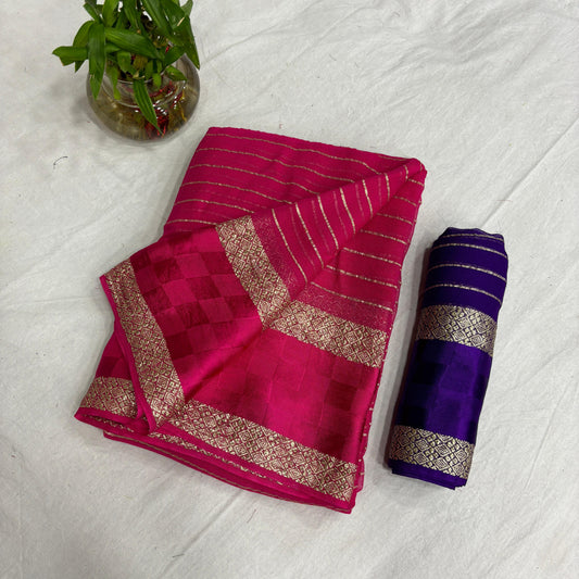 Pink Color Pure Viscose Georgette With Self Satin Chex Jacquard Border With Stripes Linning All Over In Body