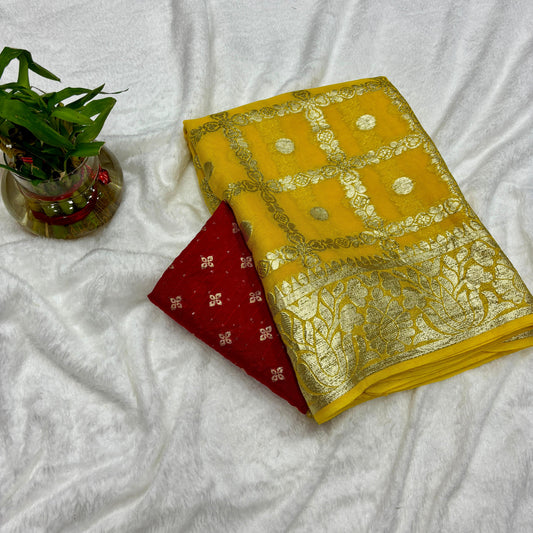 Pure Yellow Viscose Georgette Saree With Contrast Fancy Sequence Blouse Fabric