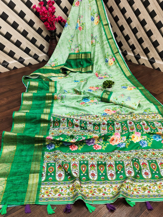 Green Color Pure Soft Fabric Silk With Jacquard Border With Digital Print Beautiful Flowers With Dusty Shades