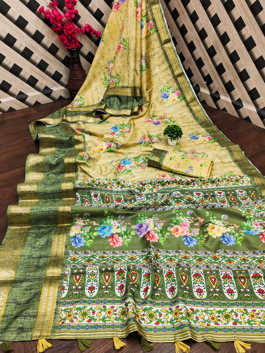 Yellow Color Pure Soft Fabric Silk With Jacquard Border With Digital Print Beautiful Flowers With Dusty Shades