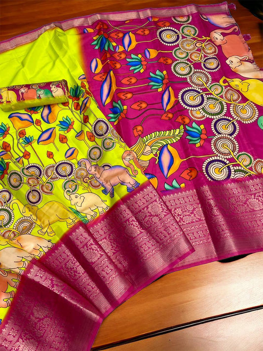 Rani And Yellow Color Art Silk Digital Printed Saree