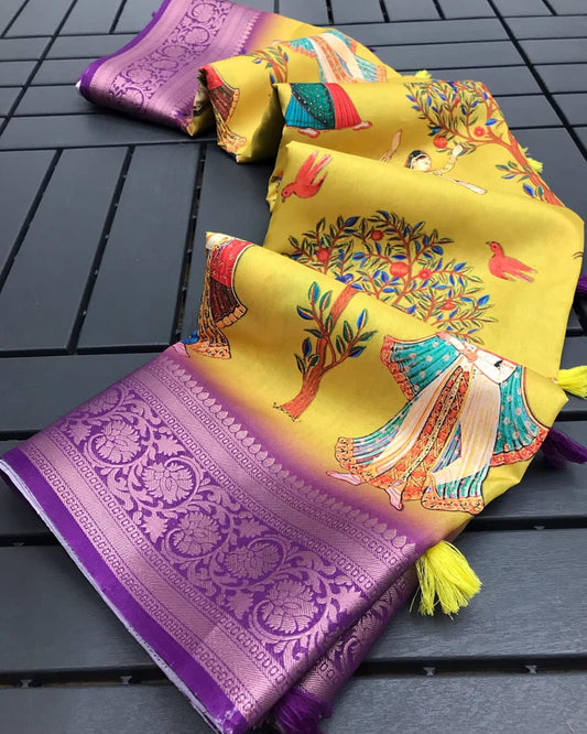 Yellow Silk Printed Saree With Jaqcard Border