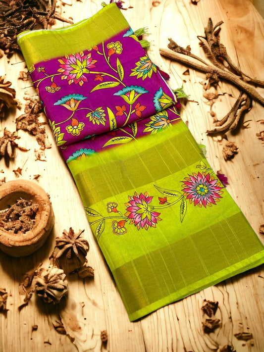Purple And Green Color Tusser Silk Digital Print Saree