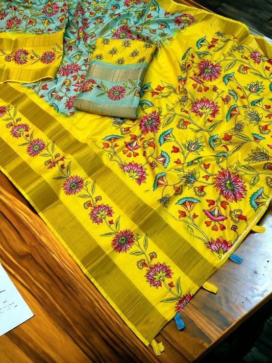 Yellow Color Tusser Silk Digital Print Saree