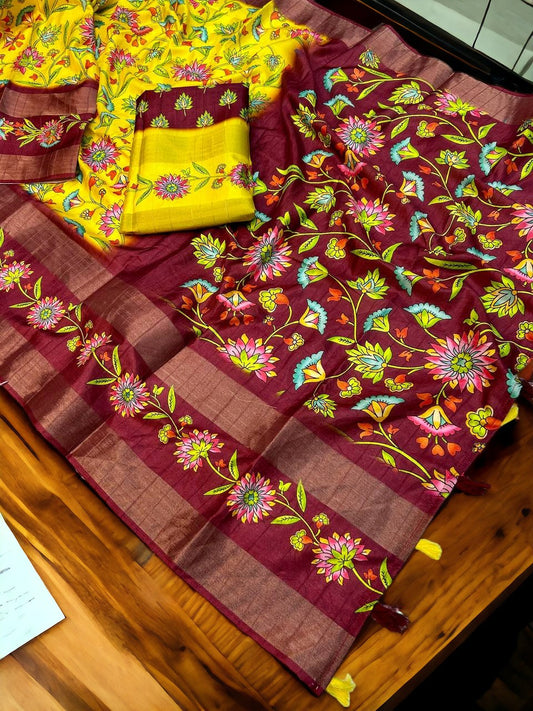 Brown And Yellow Color Tusser Silk Digital Print Saree