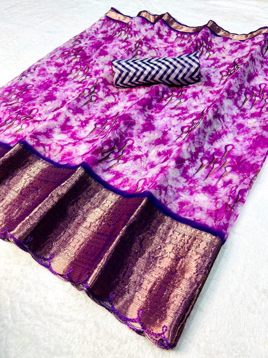 Purple Organza Printed Saree With Arko Lace