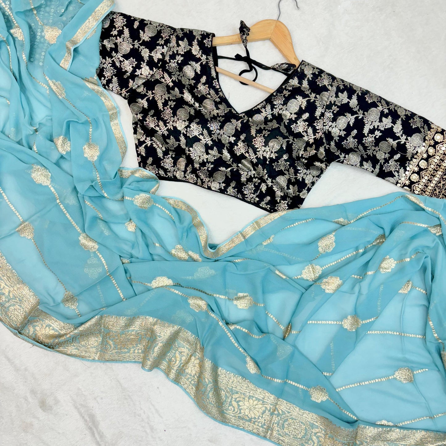 Sky Blue Viscos Georgette Jaqcard Border Saree With Stitched Embroidery Work Blouse