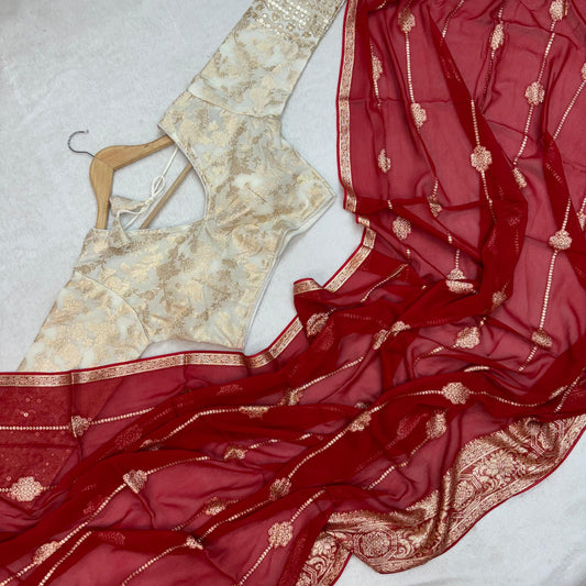 Red Viscos Georgette Jaqcard Border Saree With Stitched Embroidery Work Blouse