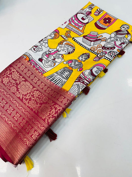 Yellow And Red Color Art Silk Kalamkari Digital Printed Saree