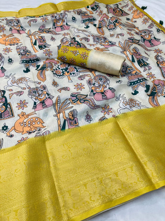 Yellow Color Pure Banaras Warm Silk Kota Jacquard With Beautiful Print Design