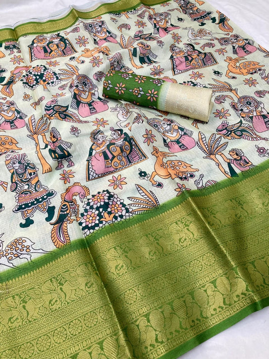 Green Color Pure Banaras Warm Silk Kota Jacquard With Beautiful Print Design