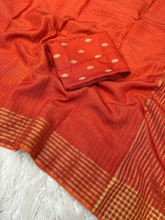 Amber Aura – Woven Checkered Saffron Orange Viscose Saree