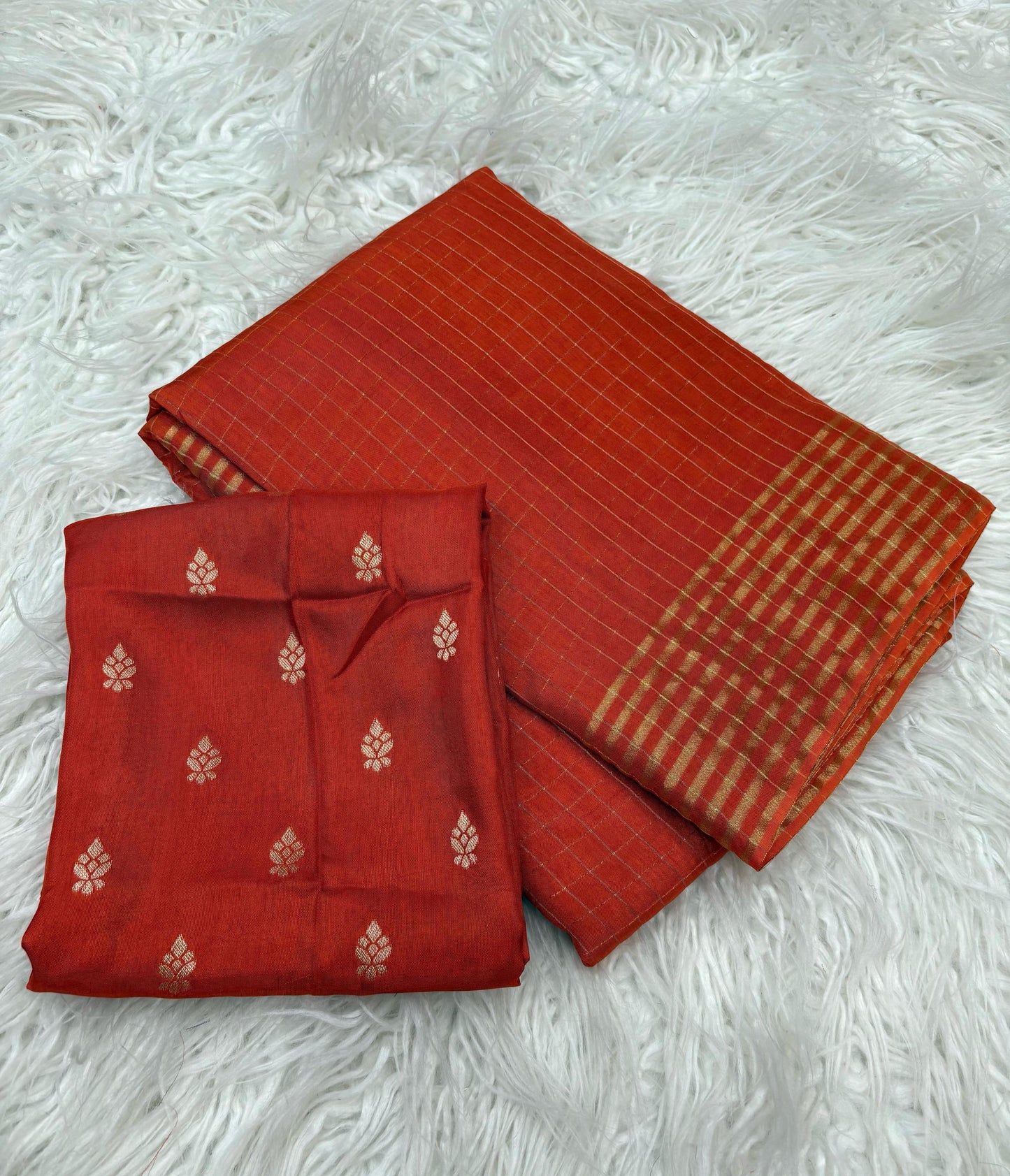 Amber Aura – Woven Checkered Saffron Orange Viscose Saree