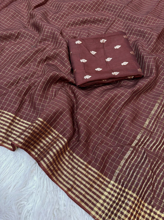 Amber Aura – Woven Checkered Dark Coffee Viscose Saree