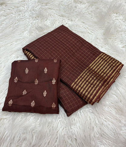 Amber Aura – Woven Checkered Dark Coffee Viscose Saree