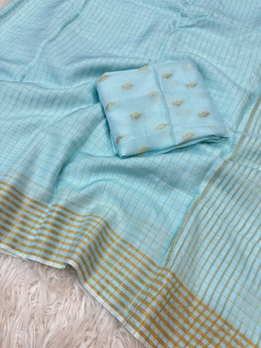 Amber Aura – Woven Checkered Sky Color Viscose Saree