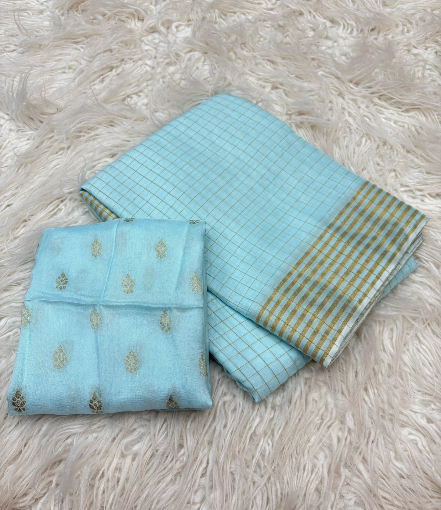 Amber Aura – Woven Checkered Sky Color Viscose Saree