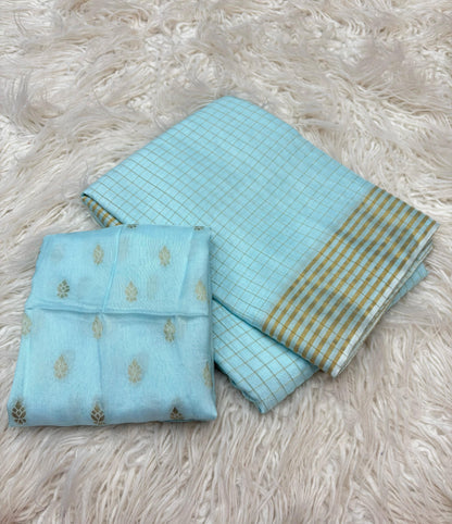 Amber Aura – Woven Checkered Sky Color Viscose Saree