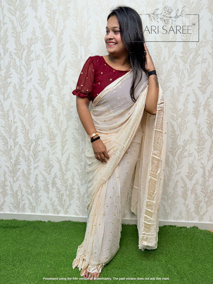 Suhani -  (Zari Charm) Elegant Beige Saree with Golden Butti Work