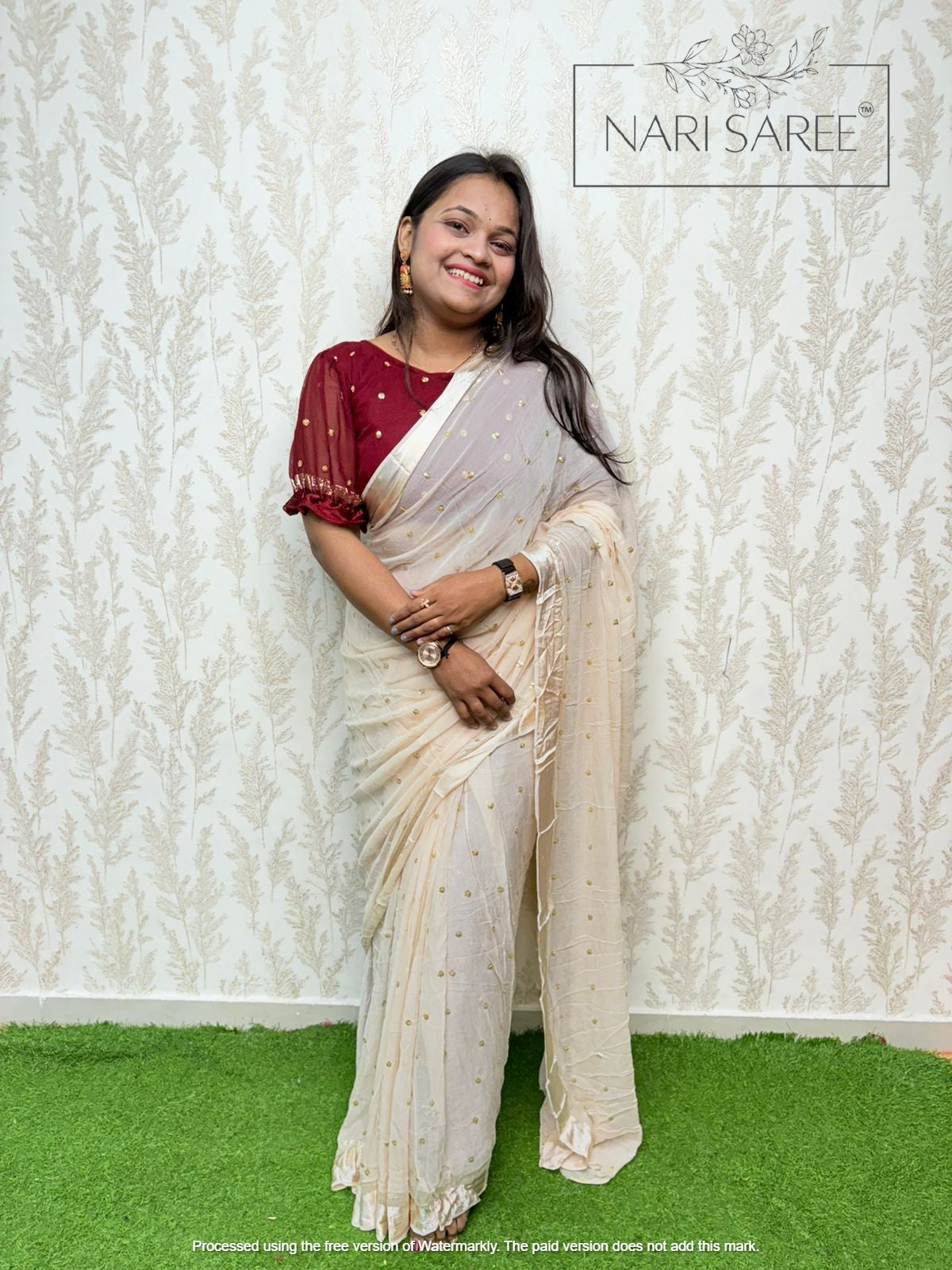 Suhani -  (Zari Charm) Elegant Beige Saree with Golden Butti Work