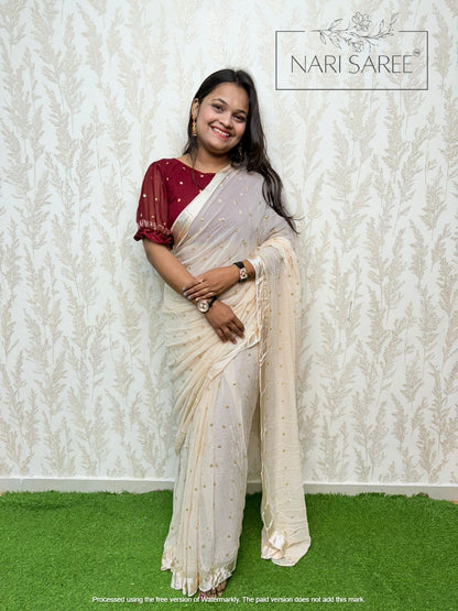 Suhani -  (Zari Charm) Elegant Beige Saree with Golden Butti Work