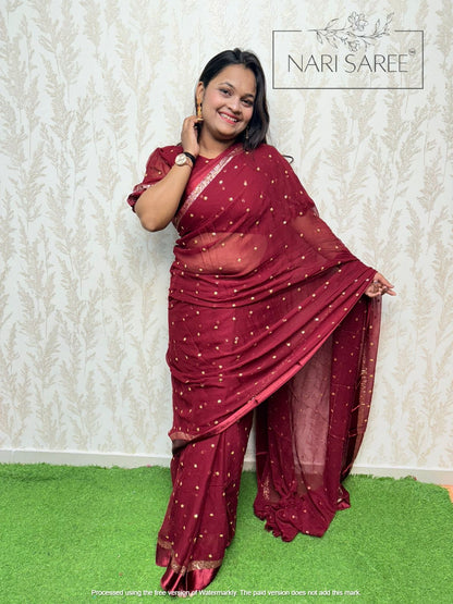 Suhani -  (Zari Charm) Elegant Maroon Saree with Golden Butti Work