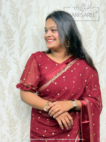 Suhani -  (Zari Charm) Elegant Maroon Saree with Golden Butti Work