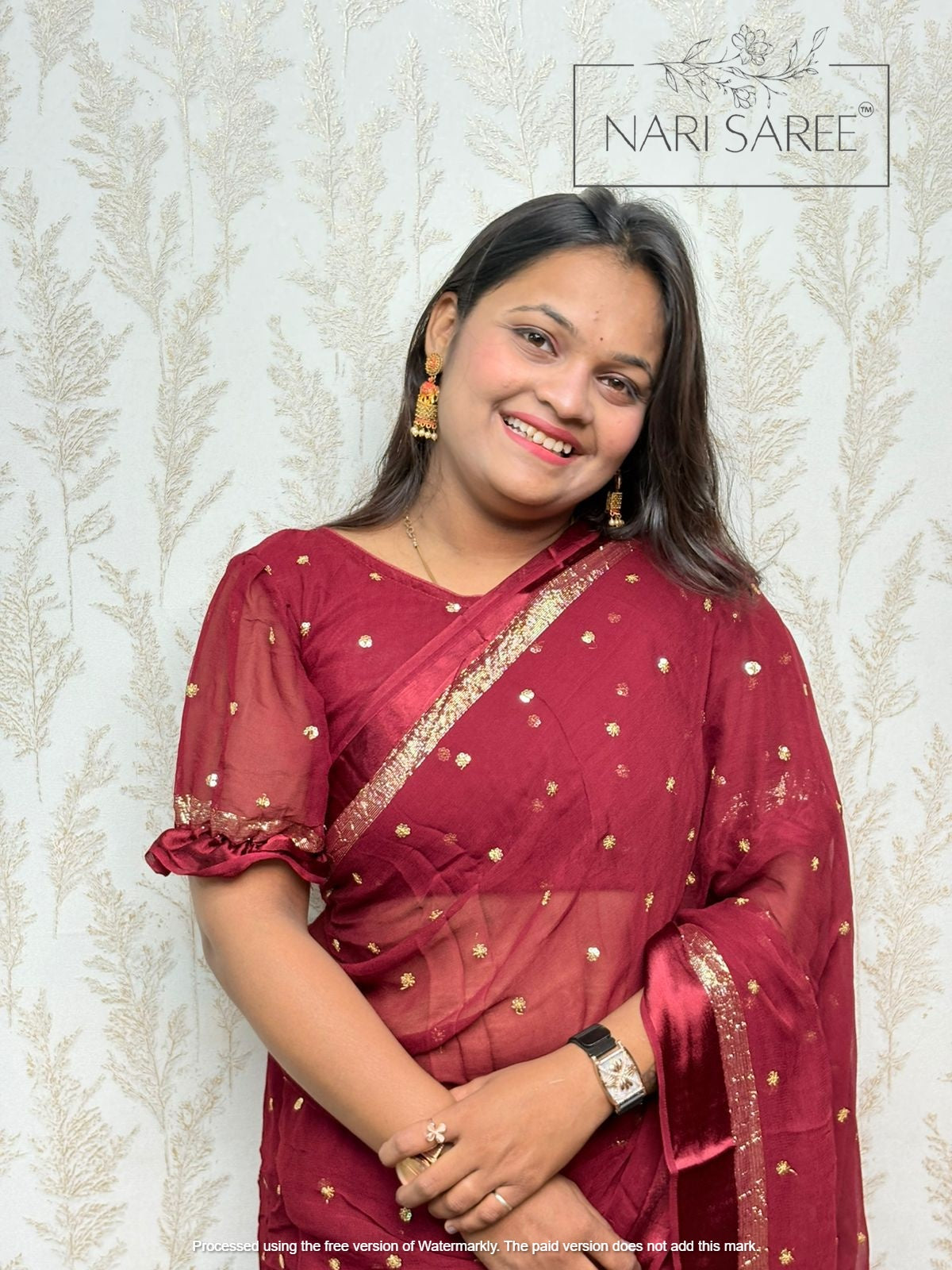 Suhani -  (Zari Charm) Elegant Maroon Saree with Golden Butti Work