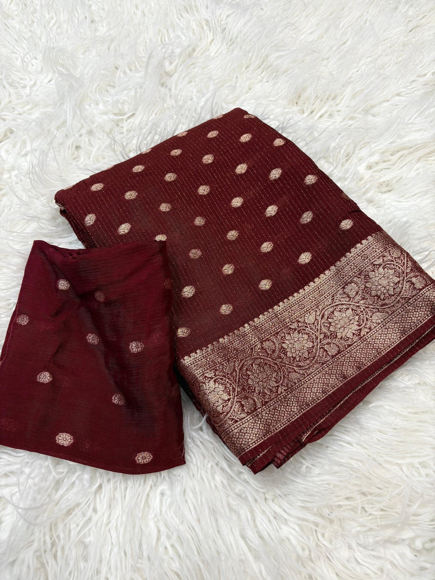 Gulnaz Maroon Chitt Pallu Chinon Silk Saree